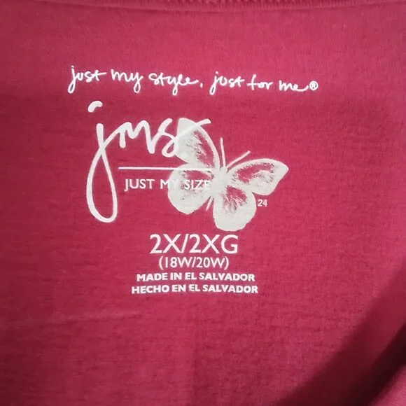 Just My Size Top Sz Plus 2X Red Long Sleeve V Neck 100% Cotton Basic - Picture 3 of 5